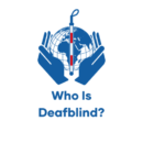 Logo Who is Deafblind. Icon of the world being held by hands and in the middle of it a cane with red and white stripes