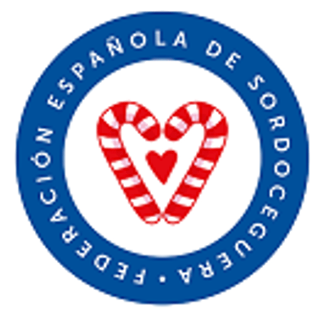 Logo Federacion Española de Sordoceguera. Dos bastones de franjas rojas y blancas, puestos de tal manera que forman un corazon